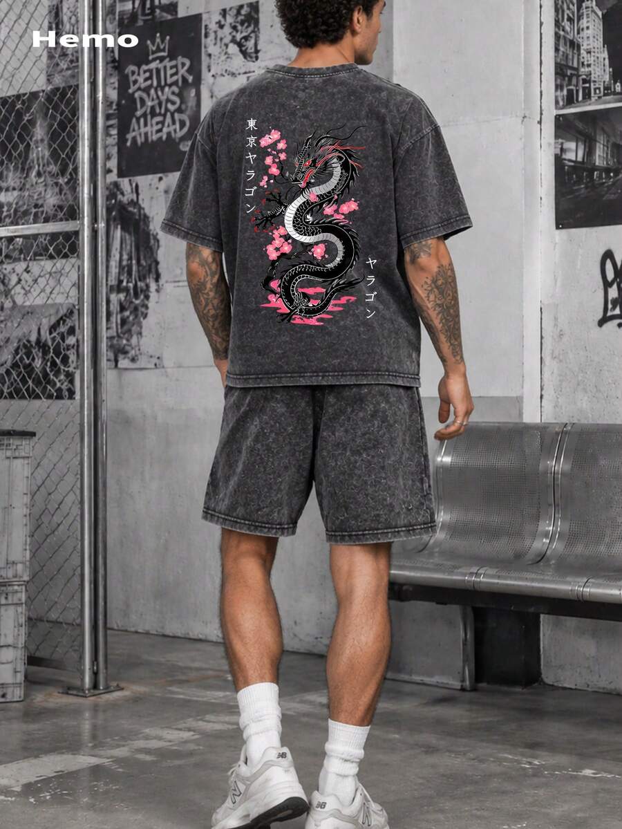 Hemo, Summer Men's Street Fashion Japanese Dragon Print T-Shirt And Shorts Set, Slightly Stretchy Washed Black Casual Daily 2-Piece Outfit - Black - View 1