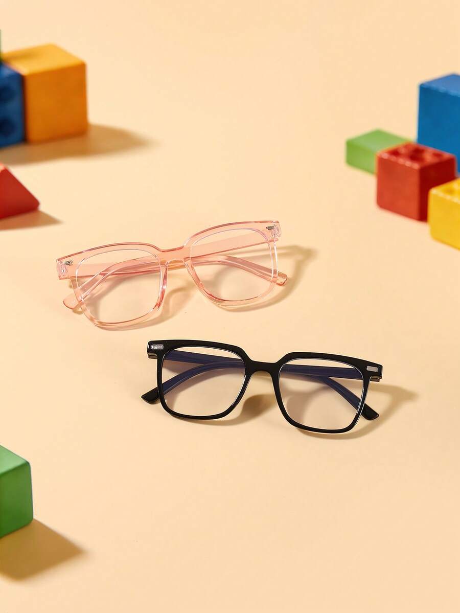 1set 2pcs 3-8Y Kids Rivet Detail Square PC Plain Glasses, Simple Design For Holiday And Casual Outings With Glasses Box - Multicolor - View 1