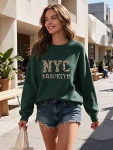 Plus Size Women's Vintage New York Brooklyn Leopard Print Crew Neck Long Sleeve Faux Sweater, Casual Pullover Top, Women's Autumn Clothing, Women's Winter Clothing, Suitable For Daily Wear And Parties - Green - View 6