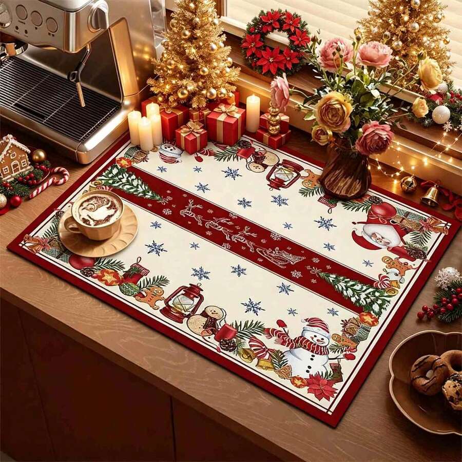 1pc Christmas Series Vintage Frame Christmas Element Pattern Printed Coffee Bar Mat, Drainage Mat, Coffee Machine Soft Bottom Diatomaceous Earth Drainage Mat, Soft Rubber Drainage Mat, Super Absorbent Wear-Resistant Dish Drying Mat, For Countertop Restaurant Kitchen Table Mat, Patio Dining Table Decor, Home Kitchen Supplies, Countertop Decor Mat