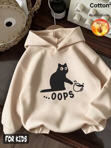 Autumn/Winter 3 Pieces Set Girls Fleece Hooded Sweatshirt Cotton Long Sleeve Black Cat Print EW PEOPLE Y2K - Apricot + Apricot + Apricot - View 4