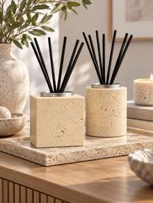 1pc/2pcs Wabi Style Square & Tubular Shaped Diffuser Vessel Set, With Decorative Rim & Volatile Sticks, Reusable Flameless Fragrance Container, For Tabletop Home Display, Housewarming & Anniversary Gift - Stone Aroma Diffuser Bottle - View 2