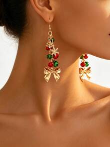 1 Pair Christmas Style Contrast Color Beaded Tassel Ear Hooks, Gold Bow Christmas Tree Snowflake Red & Green Colorful Bead Pendant Earrings For Women, Holiday Party Atmosphere - Yellow Gold - View 3