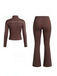 Casual Sport Contrast Zip Gym Clothes Women Two Pieces Set,Stand Neck Long Sleeve Skinny Fall Outfit Jacket,High Waist Fit Workout Active Flare Pants - Brown - View 4