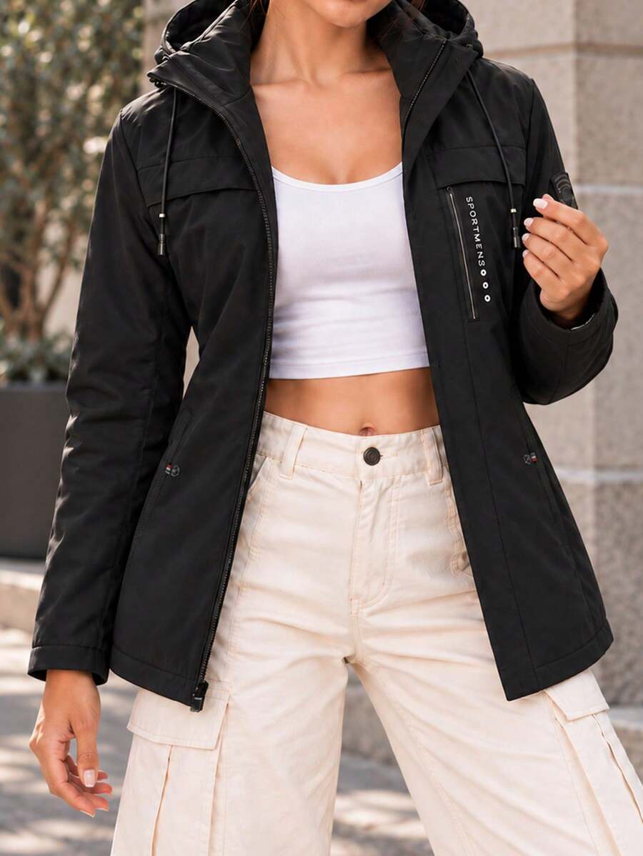 Women's Black Hooded Jacket With Drawstring Hood, Chest Zip Pocket, Side Zip Pockets And Long Sleeves For Everyday Wear - Black - View 1