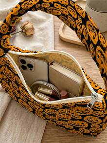 1pc Jack-O'-Lantern All-Over Print Corduroy Shoulder Bag, Underarm Bag, Large Capacity, Zip Closure Baguette Handbag For Party Daily Travel Gift - Multicolor - View 5