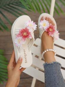 Spring Summer Cross Strap Floral Decor Fairy Style Thick Sole Slippers For Women, Outdoor Beach Vacation EVA Wedge Heel Platform Sandals For Ladies - Beige - View 2