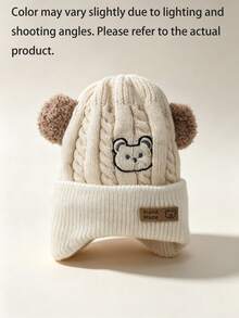 1pc Baby Cartoon Bear Embroidered Plush Ear Cable Knit Fabric Warm Windproof Cute Style Ear Protection Knit Hat Autumn/Winter Outdoor Daily - Multicolor - View 10