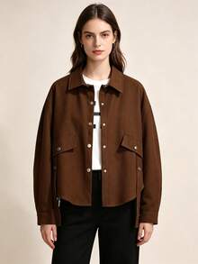 Atasan Wanita Lengan Panjang Longgar Kasual Model Baru Musim Gugur Model Shacket Warna Cokelat Kopi - Coffee Brown - View 5