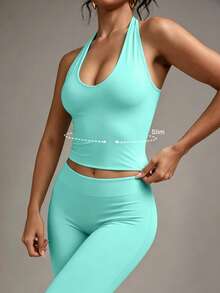 XLLAIS Women's Mint Green Halter Neck Ruched Fitted Versatile Casual Top, High Elasticity Double Layer Fabric, Deep U-Neck Backless Tank Top Summer - Mint Blue - View 2