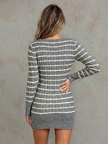 Women's Colorblock V-Neck Long Sleeve Dress, Autumn/Winter - Grey - View 5