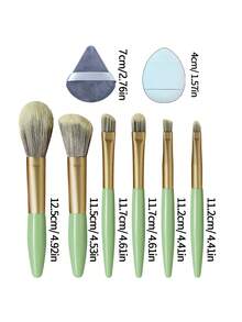 8pcs Mini Makeup Brush Set Including Sponge Powder Puff, Blush Brush, Highlighter Brush, Contour Brush, Eyeshadow Brush, Lip Brush, Full Set Of Makeup Tools, Travel Essential Makeup Brush Set - Green - View 8
