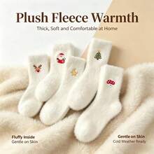 1/3/5/10 Pairs Women's Plush Christmas Mid-Calf Socks, Cute Santa Claus Reindeer Christmas Tree Pattern, Soft Fluffy Warm, Holiday Christmas Gift Socks - White - View 3