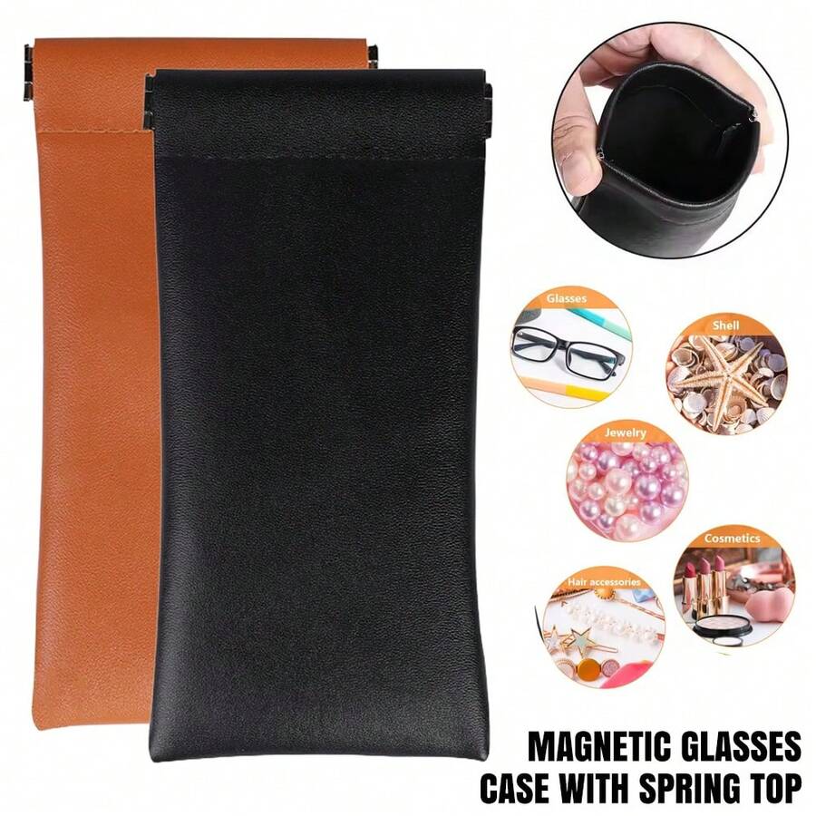 2PCS Magnetic Glasses Case With Spring Top - Soft Leather Case Pouch For Sunglasses - Black - View 1