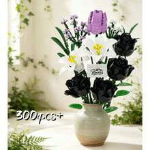 Creative Building Block Flower Bouquet Assembly Toy Set, Includes Roses, Tulips, Lilies And Baby's Breath Multiple Flower Types, Tight Interlocking Particles, Fun Assembly Process, Develops Children's Hands-On Ability And Concentration. No Watering Required For Long-Term Display, Can Be Paired With Vase As Desktop Decoration, Suitable As Holiday Gift, Birthday Gift, Educational Handmade Building Blocks For Boys And Girls. Vase Not Included - Multicolor - View 6