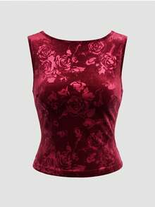 AELITH Women's Velvet Floral Jacquard Backless Pearl Chain Crop Top, Red Blouse, Date Night, Fashion Week, Party Tops, Fall Winter 2026 - Burgundy - View 6