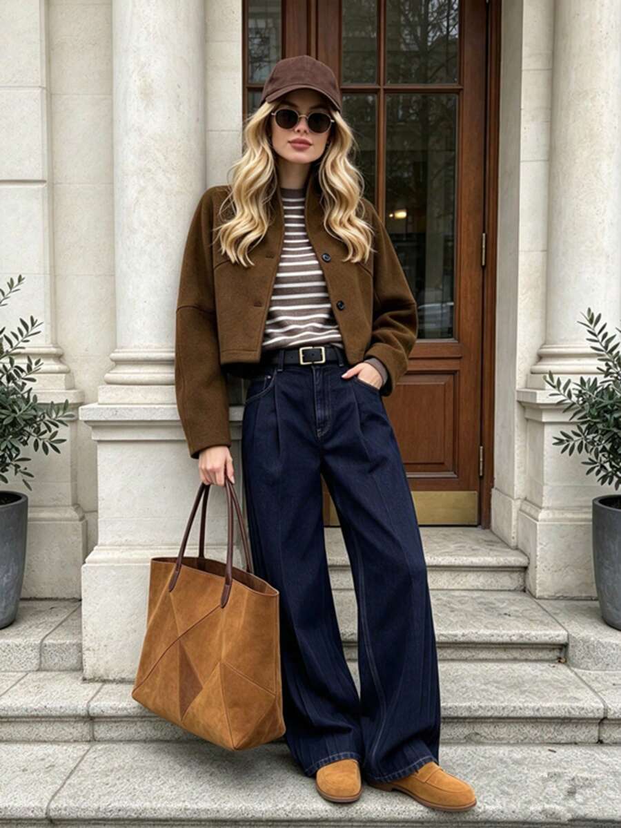 جاكيت قصير أنيق للنساء باللون البني بياقة واقفة وأكمام طويلة وتصميم شرنقة مع جيوب، مناسب للارتداء اليومي والتنقل، خريف/شتاء 2026 - بني - مشاهدة 1