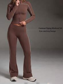Casual Sport Contrast Zip Gym Clothes Women Two Pieces Set,Stand Neck Long Sleeve Skinny Fall Outfit Jacket,High Waist Fit Workout Active Flare Pants - Brown - View 7