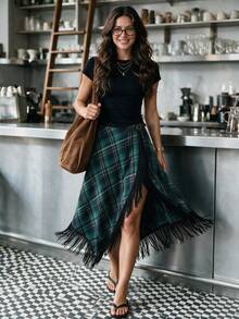 Women's Plaid Patchwork Tassel Asymmetrical Hem Casual Skirt - Multicolor - View 2