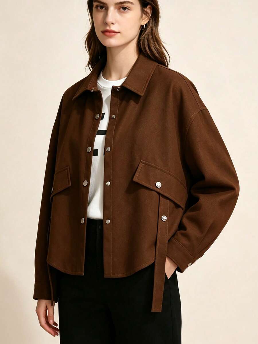 Atasan Wanita Lengan Panjang Longgar Kasual Model Baru Musim Gugur Model Shacket Warna Cokelat Kopi - Coffee Brown - View 1