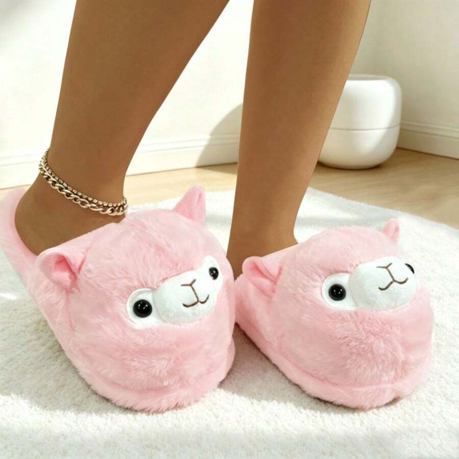 Cute 3D Cartoon Alpaca Plush Slippers For Women, Soft Furry Open Toe Slip-On Slippers, Non-Slip Bedroom Indoor Winter Shoes - Pink - View 1
