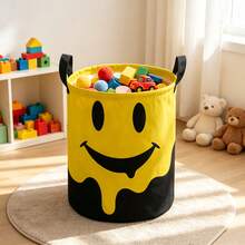 Melting Smiling Face Laundry Basket, Foldable Round Storage Bin, Yellow And Black Dripping Pattern For Dirty Clothes And Toys, Bedroom Decor - Yellow - View 3