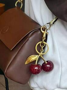 1pc Women's Shiny Faux Cherry Keychain, Fashionable Exquisite 3D Fruit Bag Charm, Bag/Wallet Pendant, Car Accessory Keychain, Back To School/Halloween/Christmas/Student Key Chain, Handbag Charm, Christmas Gift - Large Red Cherry + Spring Buckle - View 3
