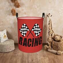 Red Race Car Checkered Flag Print Laundry Basket, Foldable Round Storage Bin With Handle, Black And White Racing Flag Pattern For Dirty Clothes Or Toy Storage, Suitable For Decorating A Boy's Room - Red - View 3