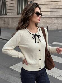 Women's Fall Winter Cream Bow Neck Knit Cardigan, Long Sleeve Diamond Hollow Out Sweater, Button Front Casual Knit Jacket For Daily& Date - Apricot - View 9