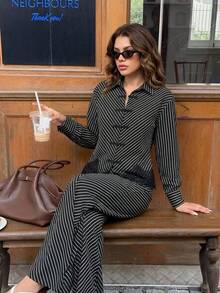 Women's Black Non-Stretch 2 Pieces Set Striped Lapel Long Sleeve Top With Lace Trim And Flare Pants - Black - View 4