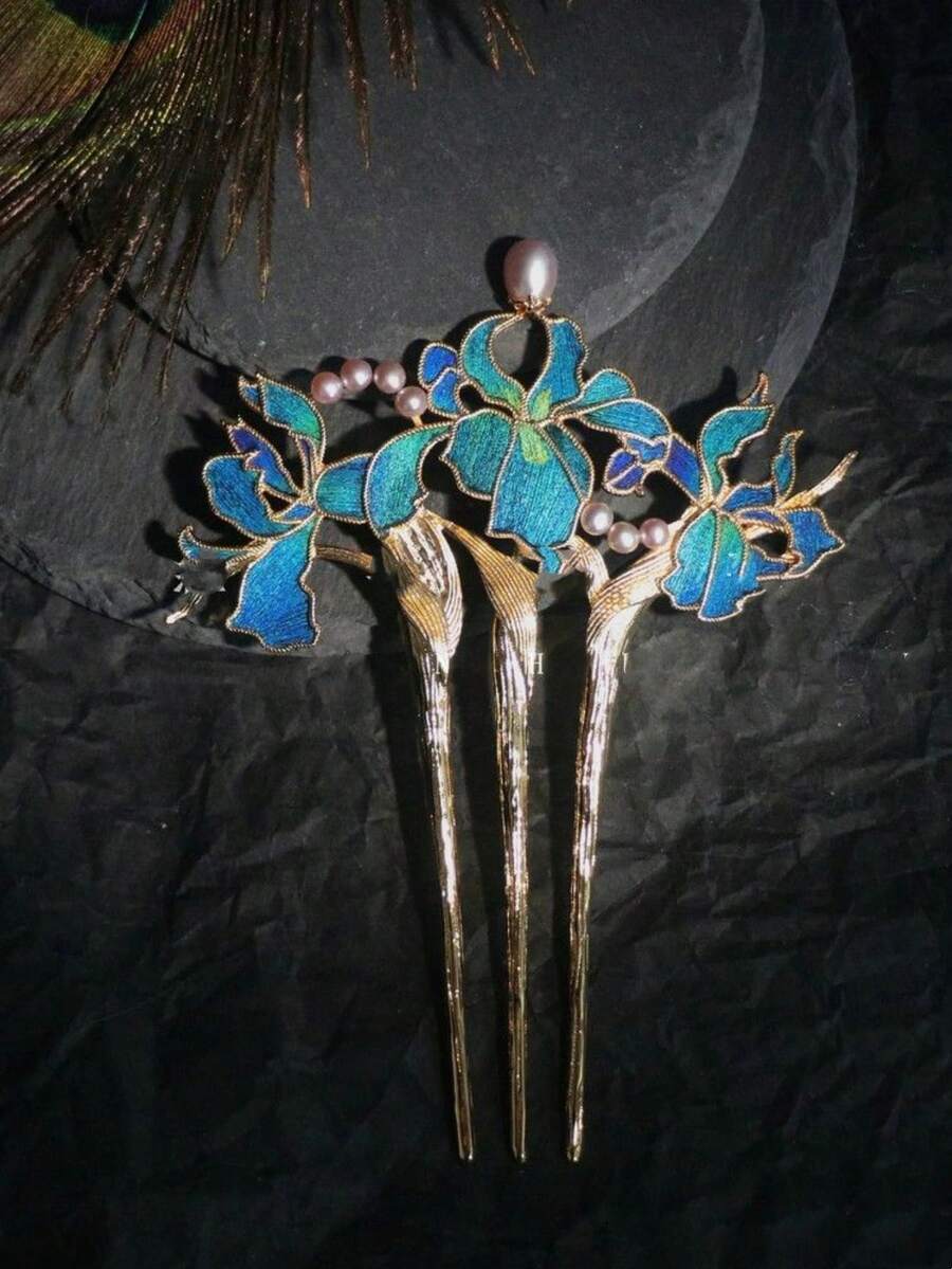 Original Design Iris New Chinese Style National Wind Hair Pin Women Ancient Style Elegant High-End Hair Comb - Blue - View 1