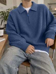 1pc Teen Boy's Solid Klein Blue Simple Casual Versatile Commute Sweater, Autumn/Winter - Blue - View 10