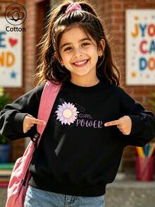Girls' Black Crewneck Sweatshirt With Purple Floral Print And GIRL POWER Text - Black - View 10