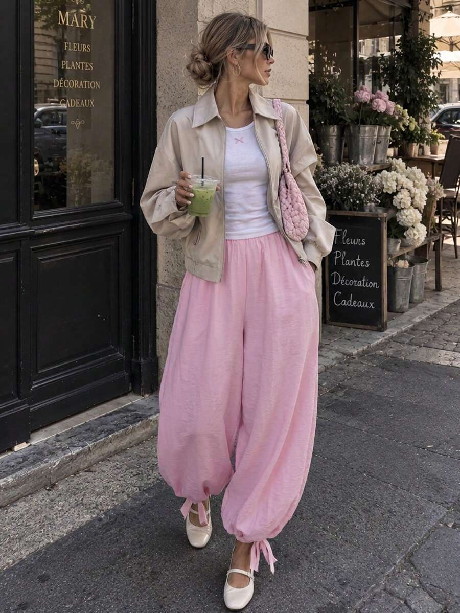 Damen Herbst/Winter Y2K Hose mit hoher Taille und Harem-Schnitt, mit Knöchel-Schleifen-Details, lässig locker geschnitten, für Urlaub und Alltag, lange Hose. - Pink - Übersicht 1