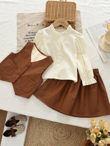 bearleader Girls' Autumn Fashion 3-Piece Set, Beige Long Sleeve Shirt + Leather Vest + Solid Color Skirt - Coffee Brown - View 3