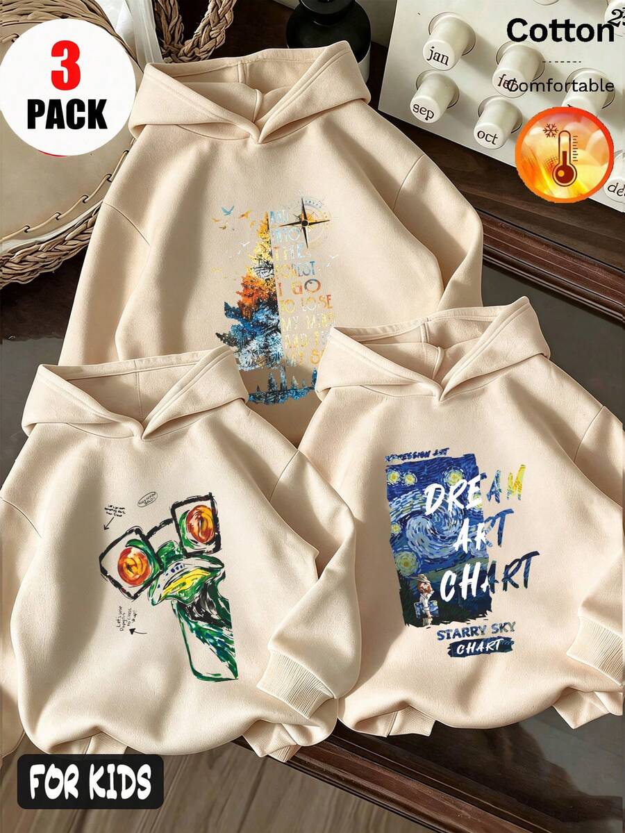 Fall/Winter 3 Pieces Set Girls' Cityscape, Cartoon Bear, And Graffiti Letter Print Fleece Hooded Sweatshirt Y2K Style - Apricot + Apricot + Apricot - View 1