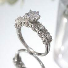 Set Cincin Tumpuk Mewah 2 Buah dari Tembaga, Zirkonia Kubik Sintetis Berkilau, Cocok untuk Pesta Pernikahan, dan Hadiah Liburan. - Perak - View 2