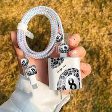 5pcs 2D Flat Design Leopard Print Billiards Phone Charger Protection Set, Charger Head Cover + Cable Protector + Storage Rope + Data Cable Protector Spiral Wrap, Compatible With IPhone 20W/18W Charger - Multicolor - View 4