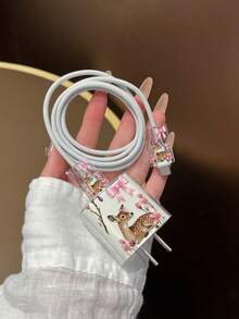 3pcs Set US Standard Apple 20W Charger Cable Protector UV Painted Bow & Deer Pattern Compatible With Apple Fast Charger 20W Charger Prevent Cable Damage (Protective Case Only, Charger And Cable For Display Only) - Multicolor - View 2
