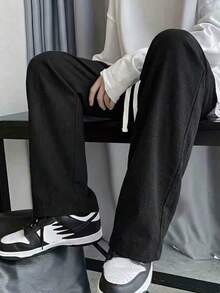 (1pc) Men's Drawstring Straight Leg Sweatpants, Summer Casual Pants, Comfortable Fabric, Vacation Leisure Sports Pants, American Sports Casual Long Pants, Straight Loose Fit, Comfortable And Versatile, Suitable For Spring/Summer Commuting, Vacation, Daily Casual Wear, Showcasing "Old Money" Style - Black - View 1