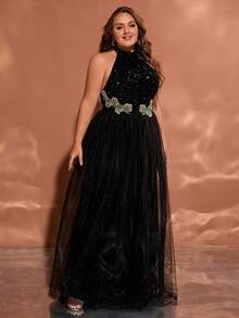 Women's Plus Size Glamorous Halter Neck Sequin Patchwork Hem Mesh Sexy Backless Long Party Holiday Evening Dress - Black - View 3