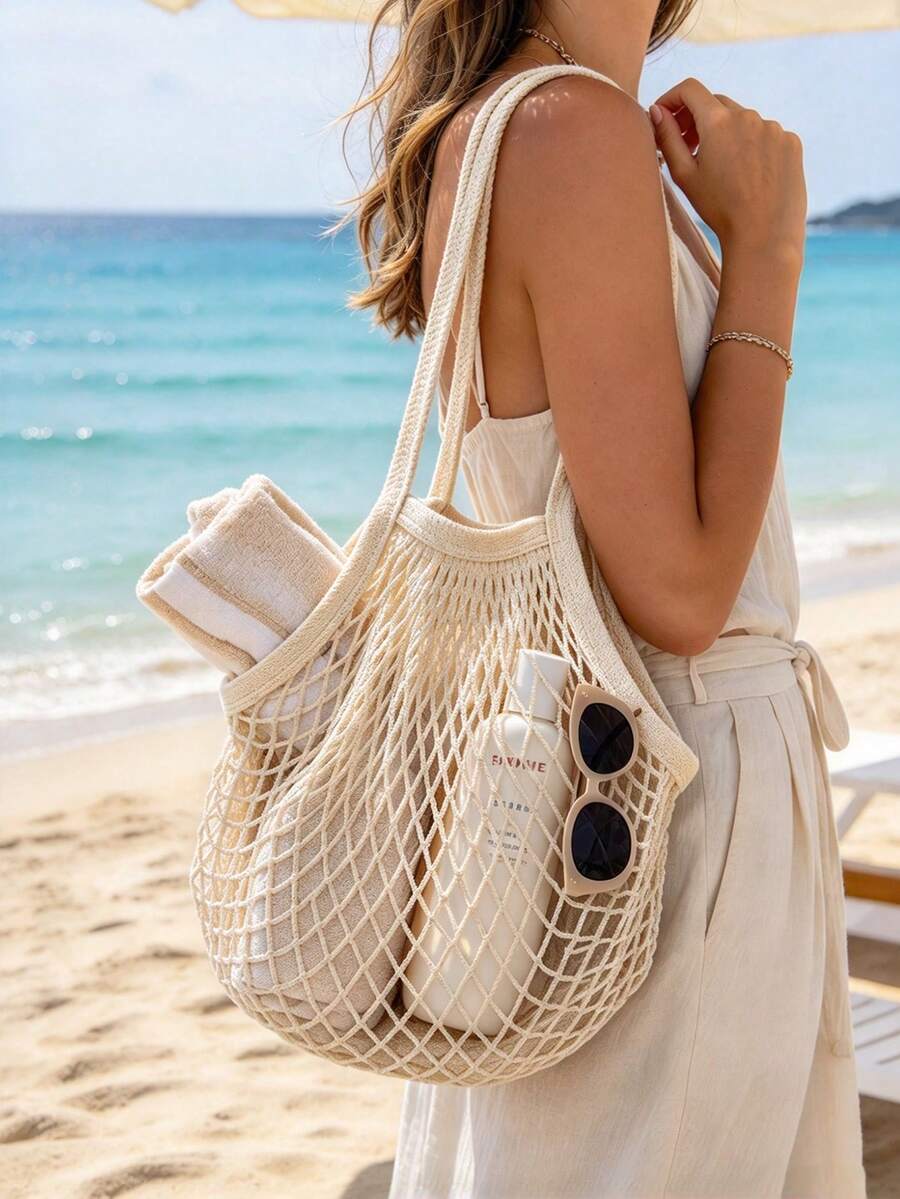 Beach Storage Bag, Breathable Mesh Beach Bag, Makeup Travel Storage Bag, Ultra Lightweight And Portable, Suitable For Beach Outings, Swimming Training, Camping And Hiking, Summer Vacation, Peach Tree - A - View 1