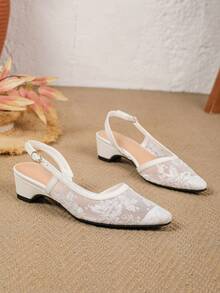 White Square Toe Closed Toe Backless Lace Mesh Embroidered Strap Buckle Wedge Sandals Fairy Style Women's Shoes - White - View 7