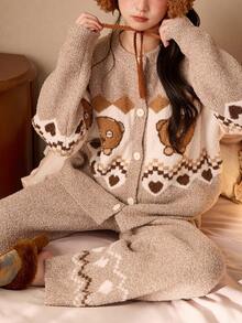 Gongdie Universal 2pcs Bob Tim Women's Fleece Pajama Set, Winter Brown Fair Isle Pattern Thick Plush Loungewear - Brown - View 6