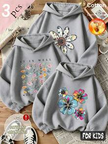 Autumn/Winter 3 Pieces Set Girls' Fleece Hooded Sweatshirt Grey Long Sleeve Colorful Floral Print Soft Y2K Style - Heather Gray+Heather Gray+Heather Gray - View 5