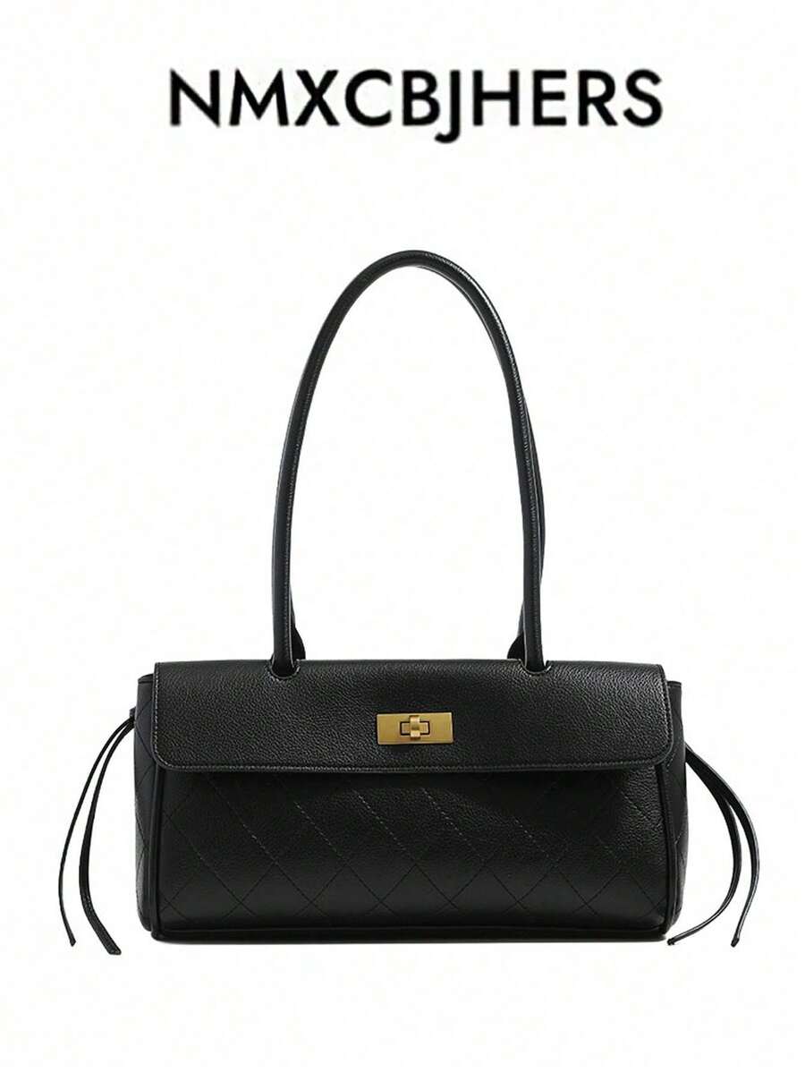 Women's New Black Quilted Shoulder Bag With Metal Lock, Versatile Handbag, Commuter Bag, Ladies Purse - Black - View 1