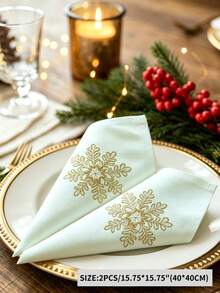 1 st 100 % polyester linneservett med broderad julsnöflinga, vit middagsservett för julhelgsparty och bordsdekoration - Guld - Visa 13