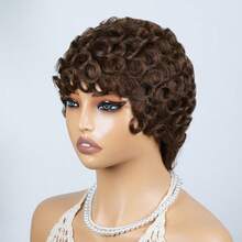 Layered Short Loose Curly Pixie Cut Human Hair Wig For Women Brown Colored Human Hair Wig With Bangs Remy Peruvian Human Hair Wig Elastic Net Full Machine Made Holiday Wear Party Wear Music Festival - S4 - View 5