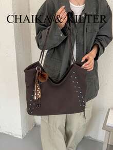 1pc Fashion PU Fabric Shoulder Tote Bag Suitable For Commuting, Shopping, Etc. (With Pendant) - Coffee - View 8