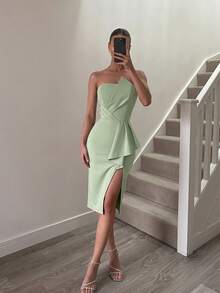 ADYCE Elegant Strapless Pleated Asymmetrical Ruffle High Slit Backless Party Dress, Autumn - Green - View 2